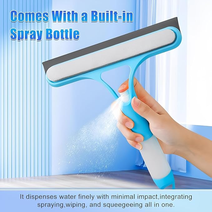 3 in 1 Window Cleaning Scraper with Spray, Scrubber and Shower Squeegee for Glass Doors, Mirrors, Car and Home, All-Purpose Window Cleaner Tool (White)