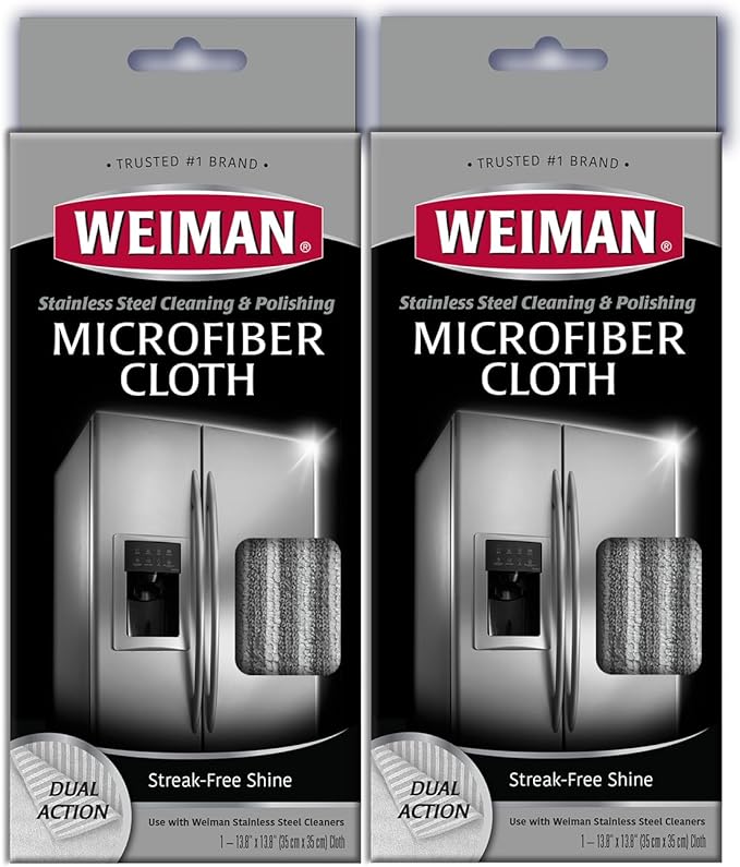 Weiman Microfiber Cloth for Stainless Steel, Safely Traps and Removes Dirt, Oil and Grime to Protect from Scratches 13.8" x 13.8" (Pack of 2)