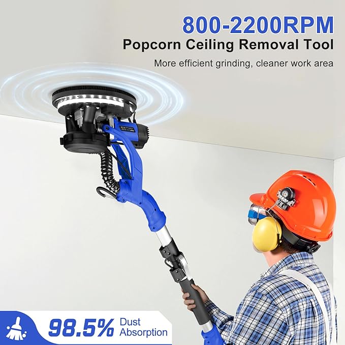 Drywall Sander, 1000W Popcorn Ceiling Removal Tool, Foldable Automatic Drywall Sander with Vacuum Dust Collection, LED Light, 6 Variable Speed 800-2200RPM,15Pcs Sanding Discs (Blue）