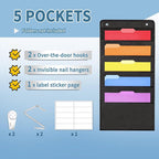 Annecy 5 Pockets Hanging Wall File Organizer, Black Storage Pocket Chart for File Folder and Paper, Space Saver for Office and Classroom, with Wall Hangers, Over The Door Hooks, Labels