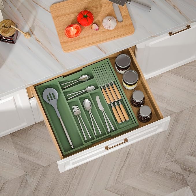 Bamboo-Silverware-Drawer-Organizer-Kitchen, Expandable Utensil Holder Cutlery Tray Flatware Organization Adjustable Wood Tableware Dividers Storage (with Removable Knife Block)(Grayish Green)