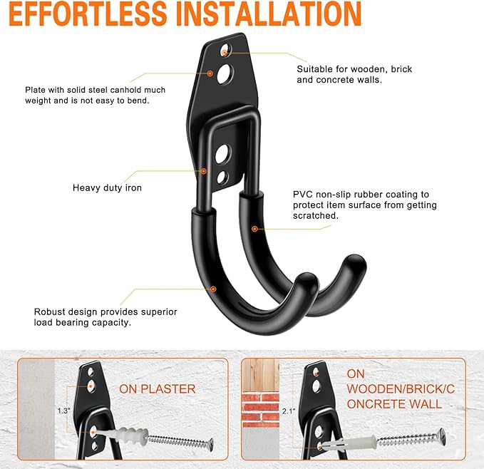 Heavy Duty Garage Hooks 6 Pack, J Shaped Hanger, Wall Mounted Storage System, Power and Garden Tool Organizer, for Hanging Ladders, Bikes Tires, Hose, Bulk Items