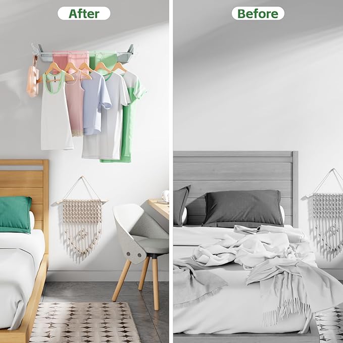 Wall Mounted Drying Rack 40", Foldable Laundry Clothes Drying Rack with 6 Towel Hooks and 5 Rods for Hanging Clothes, Space Saving for Indoor Outdoor Bathroom Balcony Laundry Room(40")