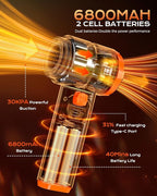 Car Vacuum Portable Cordless, Handheld Vacuum Cordless with 30000PA Suction, 130000RPM, 6800mAh Battery, 10 Nozzles, Rubber Paint Material for Car, Home, Pet Cleaning（Black Orange）