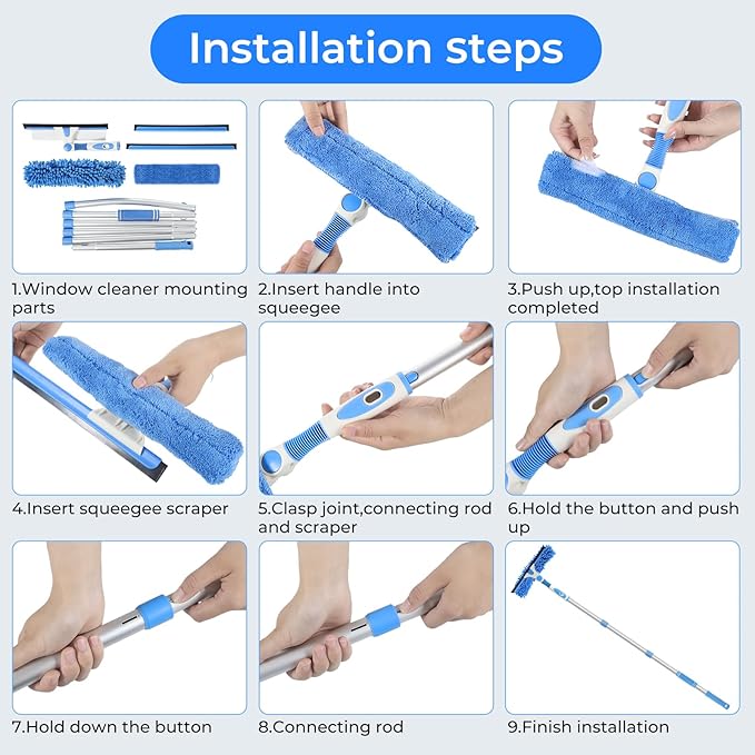 Window Squeegee Cleaner,2 in 1 Shower Squeegee with Extension Pole,92” Extendable Window Cleaning Kit with Bendable Head,Glass Cleaning Tools for Indoor Outdoor High Windows,Car Windshield