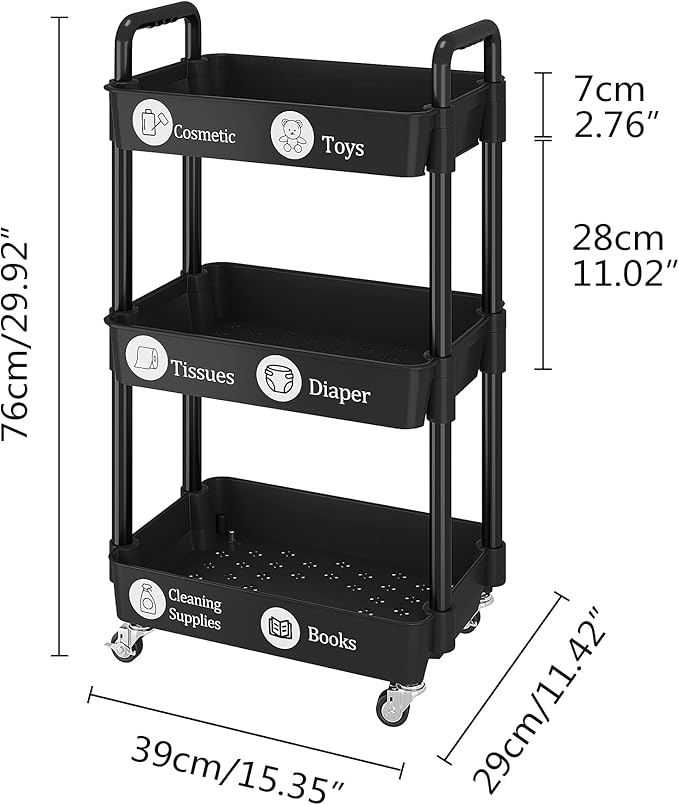 UDEAR 3-Tier Rolling Utility Cart with 12 Category Labels,Multifunctional Comagtable Rolling Shelving with Handle and Lockable Wheels for Room,Office,Kitchen,Bathroom,Black