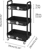 UDEAR 3-Tier Rolling Utility Cart with 12 Category Labels,Multifunctional Comagtable Rolling Shelving with Handle and Lockable Wheels for Room,Office,Kitchen,Bathroom,Black