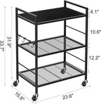 3-Tier Metal Storage Rack with Industrial Wheels,Mesh Shelving Unit with Wooden Table top,Adjustable Shelf,23.6-Inch Width,15.8-Inch Depth, for Kitchen, Laundry,Pantry,Plant,Black panel
