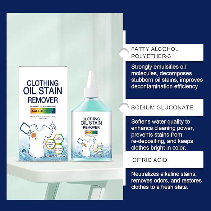 Oil and Stain Remover for Clothes, 8 FL OZ, Gentle Fabric Cleaner, Quick and Easy Grease Removal, Fabric Stain Remover For Cooking, Engine, Dried Oil And Grease Stains, Safe for All Fabric Types