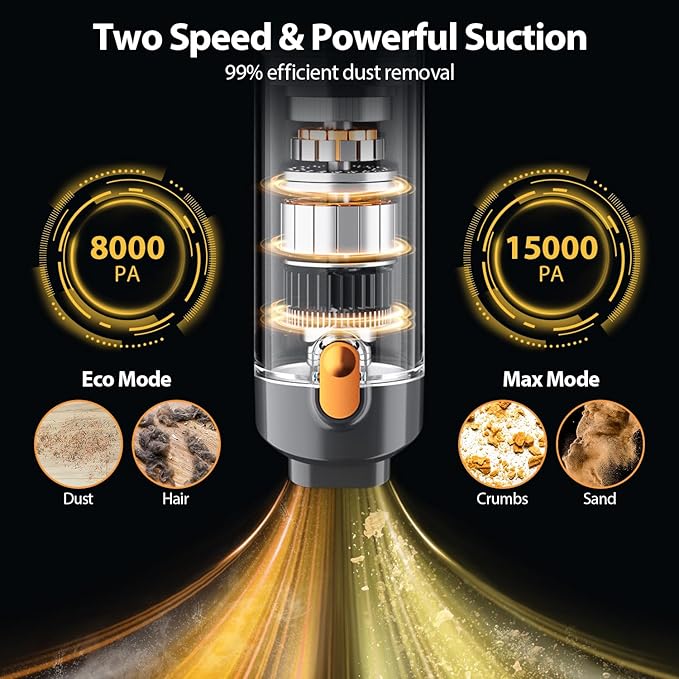 Handheld Vacuum Cordless 15000PA Car Vacuum 3-in-1 Hand Held Vacuums 1.1 Pounds Hand Vac Cordless Rechargeable One-Touch Empty for Cleaning Cars Offices Homes Pet Hair and Dust (Orange)