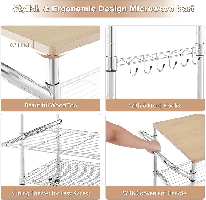 3 Tier Rolling Kitchen Cart with Wood Tabletop, Kitchen Island Carts with Wheels & Slider Shelf, Microwave Cart on Wheels, Coffee Cart with Hooks, 35.4" L*18.1" W*31.9" H，Wood+Chrome
