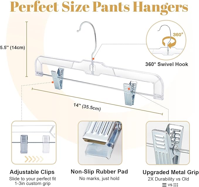 HOUSE DAY Clear Skirt Hangers with Clips, Non-Slip Pants Hangers for Closet, Clip Hanger for Pant, Skirts, Shorts, 14'' Clear Plastic Hanger, Pack of 25