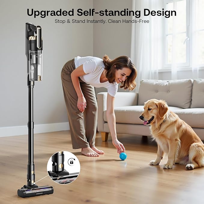 Cordless Vacuum Cleaner with Self-Standing, 50 mins Runtime Lightweight Stick Vacuum with Powerful Suction, Anti-Tangle Wireless Vacuum Versatile for Hard Floor/Carpet/Pet Hair, White
