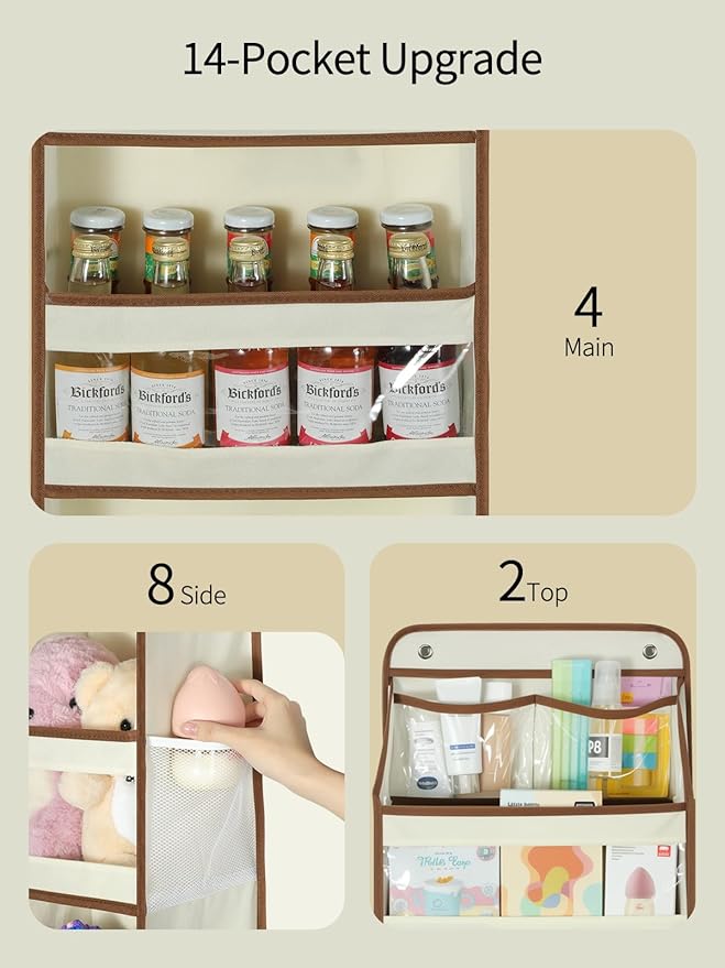 Yecaye 5 Tier 1Pc Over the Door Organizer, Swing-proof Door Organizer Hanging with Clear PVC Windows, Behind the Door Storage for Bedroom Nursery Closet Laundry Pantry Bathroom, Beige