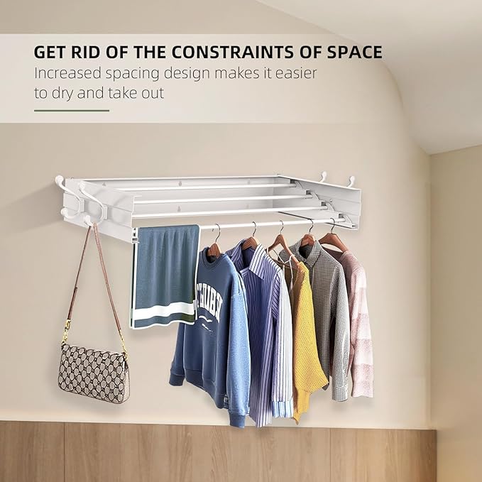 Laundry Drying Rack, Collapsible Wall Mounted Clothes Drying Rack - Foldable,Space Saving, 13.2 Linear Ft, 5 Aluminum Rods, 60 lb Capacity (White, 23.6" Wide)