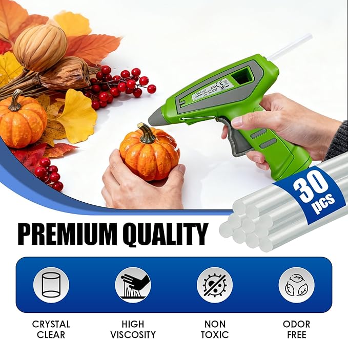 Cordless Hot Glue Gun Kit Includes 30 Hot Glue Sticks, Switch with 10W Drip-proof Design with 15-Second Fast Heating, Suitable for DIY Crafts, Fabric, Wood & Home Repairs(Green)