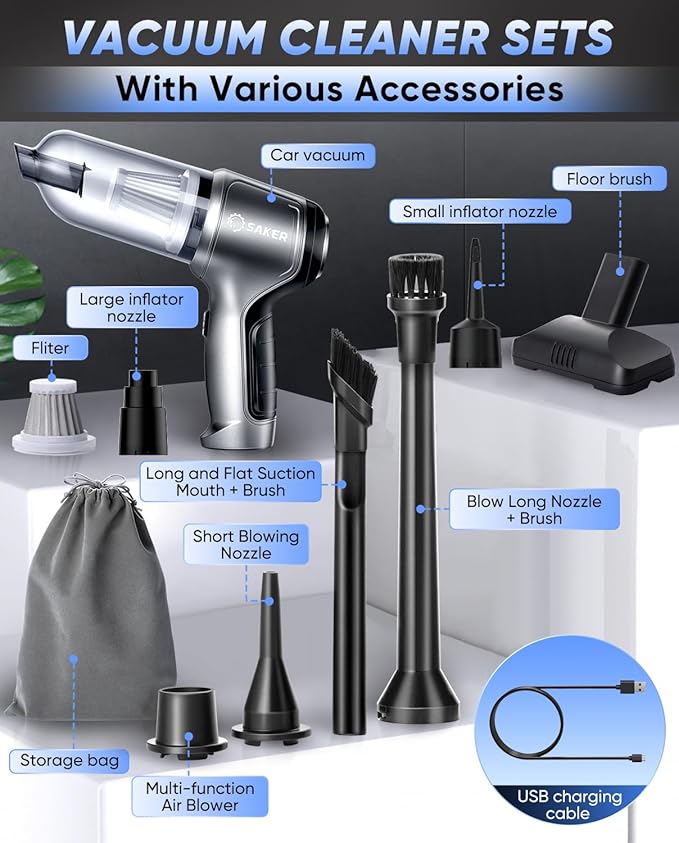 Saker Car Vacuum Portable Cordless 3 in 1 Handheld Car Vacuum 15000PA High Power with Brushless Motor and TypeC for Cars,Office,Home Cleaning HL107B
