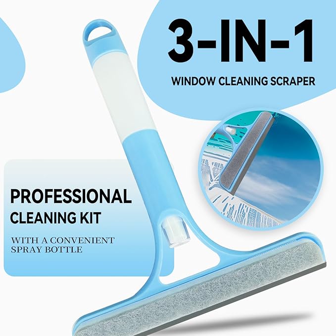 3 in 1 Window Cleaning Scraper,All-Purpose Spray Window Squeegee Cleaner Tool,for Glass Doors for Windows Glass, Mirrors Scraper, Brush (Blue and White)