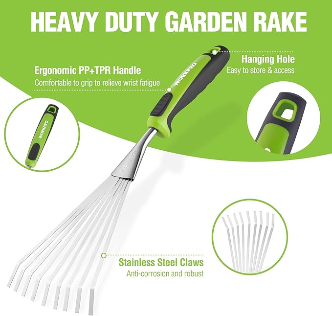 WORKPRO 16" Hand Rake, Heavy Duty Stainless Steel Garden Rake with Soft Handle, Small Garden Hand Tool for Gardening, Cultivating, Loosening Soil & Spreading Mulch, Flower Beds