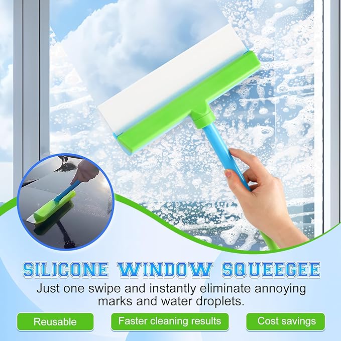 Aquablade Window Cleaning Kit, Aquablade Window Squeegee, Recyclable Silicone Window Squeegee Kit, 3 in 1 Glass Cleaning Tool with Rotatable Rubber Microfiber Scrubber (1 Set)