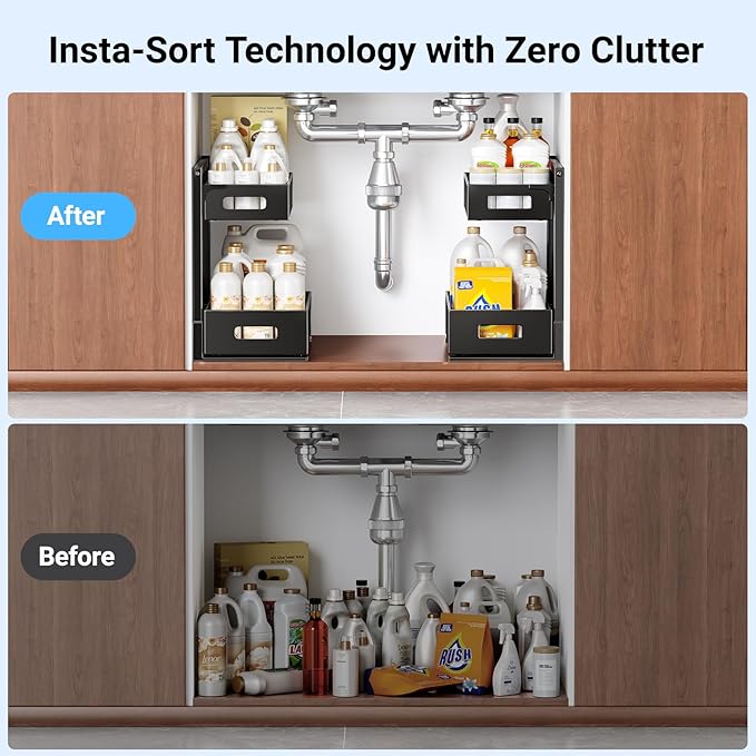 Under Sink Organizer, 2-Tier Metal Under Sink Organizers and Storage, Slide Out Pull Out Cabinet Organizer for Kitchen, Bathroom, Pantry, Laundry, Study, Black