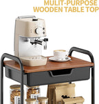 TOOLF 3-Tier Utility Rolling Cart with Wooden Board and Drawer, Metal Storage Cart with Handle, Black Trolley Kitchen Organizer Rolling Desk with Locking Wheels for Office, Classroom, Home, Bedroom