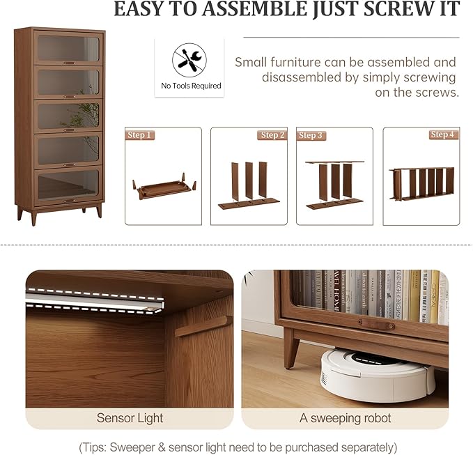 Solid Wood bookcase 5 Tier with Tempered Glass Flip-Up doors, 72Hx13.7Dx32W"Bookshelves Finish Cube Storage Organizer,Bookshelf Versatile Pantry Cabinet with Storage for Kitchen Home Office