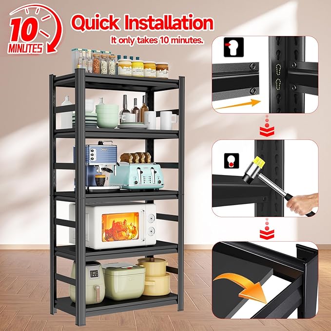 Storage Shelves, Heavy Duty 5-Tier Kitchen Shelving, 63" H Metal Storage Unit with Adjustable Shelves, Free Standing Pantry Organization Shelf, for Pantry and Garage, Black