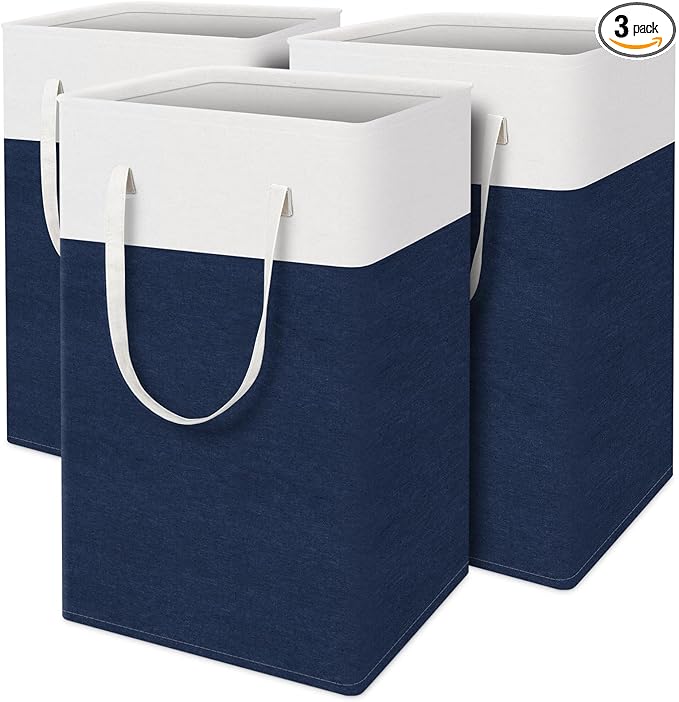 TasticTotes laundry basket 3-Pack, laundry hamper, Hamper with handles, collapsible laundry baskets, Waterproof dirty clothes hamper, Towel Storage for Home or Dorm, 75L-Blue