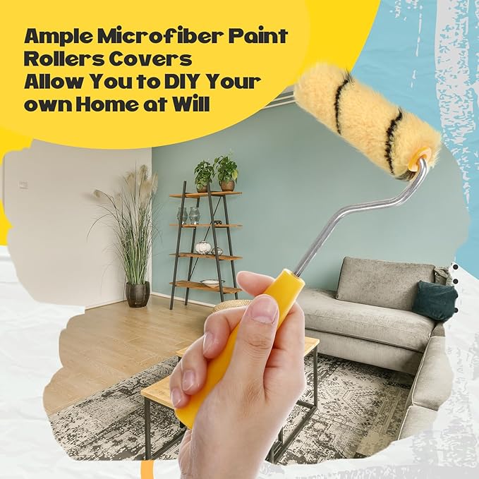 Leumoi 300 Pcs 4 Inch Mini Paint Roller Cover 1/2" Nap Small Microfiber Roller Covers Home Repair Tools House Household Supplies Kit (Black, Yellow)