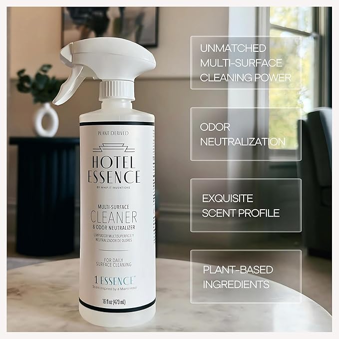 Hotel Essence Cleaner: Plant-Based Multi-Surface Cleaner & Odor Neutralizer, 16 oz, Leather, Cardamom, Lemon, Sandalwood, Cedarwood, Cinnamon, Vetiver, Amber, Musk, Iris, 16 Fl Oz (2)
