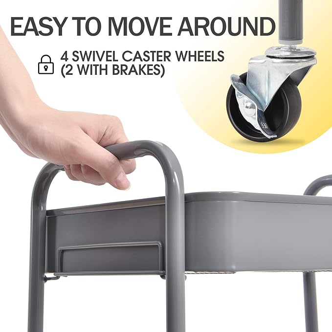 TOOLF 3-Tier Metal Rolling Cart with Wheels, Storage Utility Organizer Cart for Kitchen, Bathroom, Office, Baby Essentials & Makeup - Lockable Casters, Easy Assembly, Large Capacity, Gray