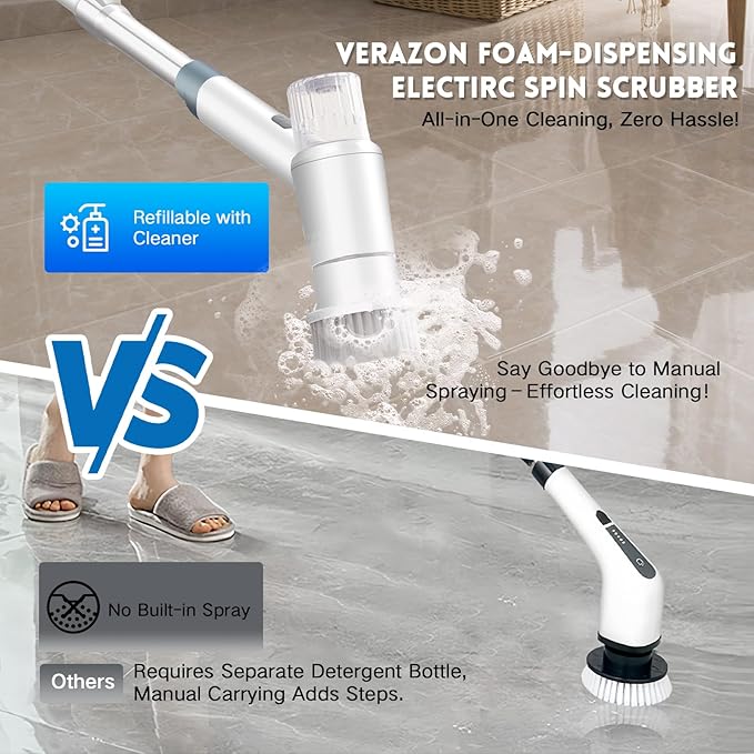 Electric Spin Scrubber,Spray with Foam Cordless Cleaning Brush, 2-Speed Shower Scrubber, Shower Cleaning Brush with 8 Replaceable Brush Heads, Adjustable Removable Handle for Bathroom, Kitchen-White