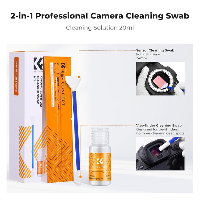 K&F Concept 2-1 24mm Full Frame Sensor Cleaning Swab, Viewfinder Cleaning Swab, with 20ml Sensor Cleaner, DSLR Digital Camera CMOS and CCD Sensor Cleaning Swab Kits for Nikon Sony Canon Camera Clean