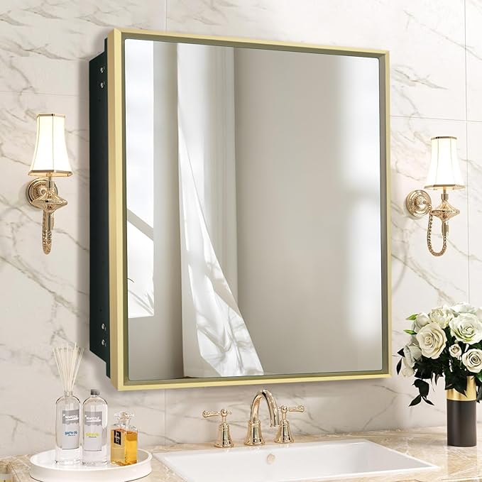 Medicine Cabinet with Mirror Recessed or Surface Mount Farmhouse Style Single Door Mirror Cabinet Finish Square Bathroom Storage, (Brushed Gold, 24x24 Inch)