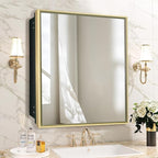 Medicine Cabinet with Mirror Recessed or Surface Mount Farmhouse Style Single Door Mirror Cabinet Finish Square Bathroom Storage, (Brushed Gold, 24x24 Inch)