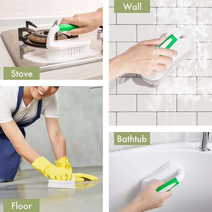 Amazer Scrub Brush for Cleaning Comfort Grip Shower Scrubber Stiff Bristles with Handle Heavy Duty Cleaner Brush for Tub Sink Carpet Floor - Pack of 2 (Green+Green)