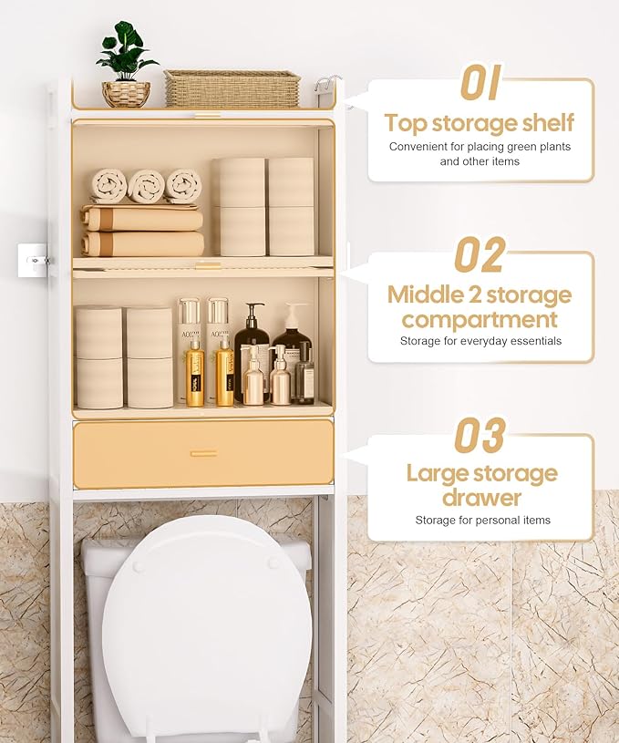 Over The Toilet Storage Cabinet with Drawer and Flip Door, Bamboo Bathroom Organizer Shelf with Anti-Tip Design and Waterproof Feet Pad,Freestanding Rack Above WC Space Saver (White)
