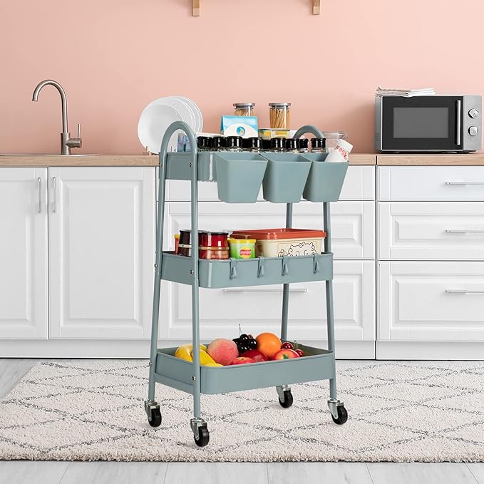 danpinera 3-Tier Rolling Cart, Metal Rolling Storage Cart with Lockable Wheels & Hanging Cups & Hooks, Mobile Trolley Cart for Kitchen, Bathroom, Office, Workshop, Gray Blue