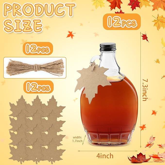 12 oz Maple Syrup Bottles with Loop Handle Black Aluminum Lids and Cotton Twines, Clear Glass Bottles with Maple Tag, Maple Syrup Jars Container Sample Bottles for Gift Juice Milk Sauce Storage (6)