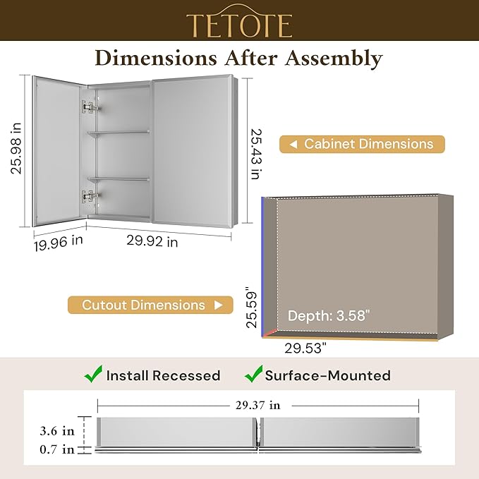 TETOTE 30 x 26 Bathroom Mirror with Storage with Tempered Beveled Mirror Silver Medicine Cabinet Aluminum Cabinet DTC Hinges, Stepless Adjustable Shelves, Recessed/Surface-Mounted