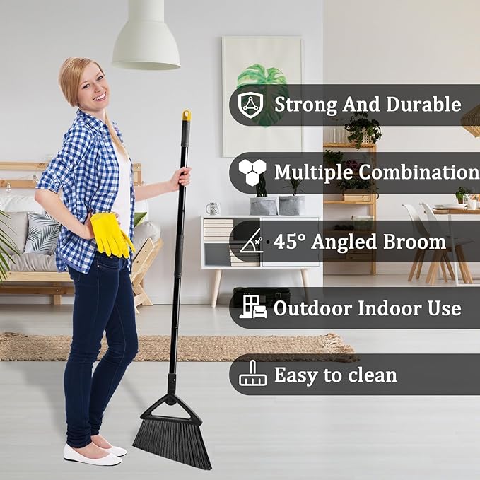 Heavy Duty Broom, Brooms for Sweeeping Indoor, Angle Broom with Long Pole, Outdoor Broom for Courtyard Garages Slidewalk, Indoor Broom for Kitchen Lobby Canteen Black