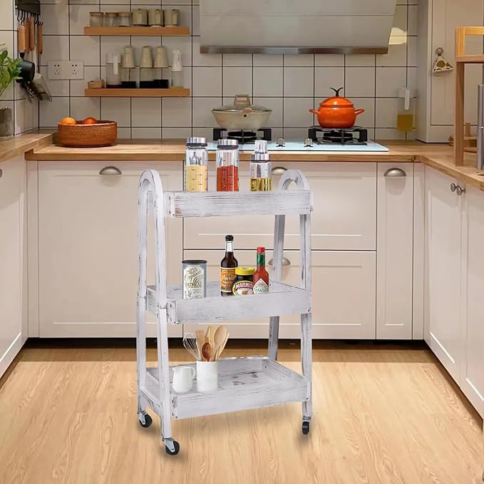 3-Tier Rolling Utility Cart with Lockable Wheels Storage Slim Storage Heavy Duty Cart Mobile Shelving Unit Craft Narrow Organizer for Bathroom Laundry Kitchen (Vintage White)