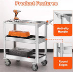 DDJ Stainless Steel Utility Cart on Wheels, 3-Tier 1100 lbs Heavy Duty Tool Cart with Wheels, Commercial Rolling Service Cart for Garage Workshop Warehouse Mechanic Kitchen 18.1" D x 30.7" W x 36.2" H