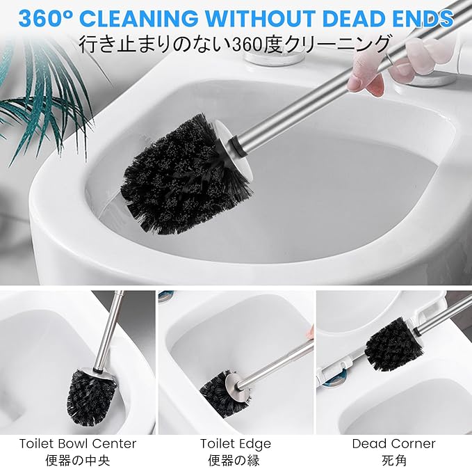 Toilet Brush and Holder Case Coated Metal Case and Stainless Steel Handle Toilet Cleaning Brush Double Layer Holder Long Brush Handle High Density Bristles Toilet Bowl Brushes Grey