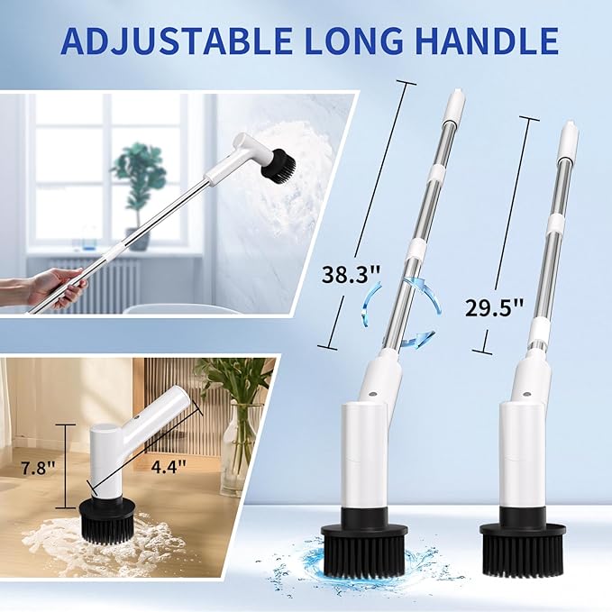 Electric Spin Scrubber, Cordless Shower Scrubber with 7 Replacement Brush Heads, IPX5 Waterproof Bathroom Scrubber with Adjustable Handle, 2 Speed Power Cleaning Brush for Cleaning