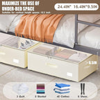 Under Bed Storage with Wheels, No Assemble Required 10 inches height Under Bed Storage bins,Large capacity Rolling Underbed Shoe Storage containers，dorm underbed storage drawers