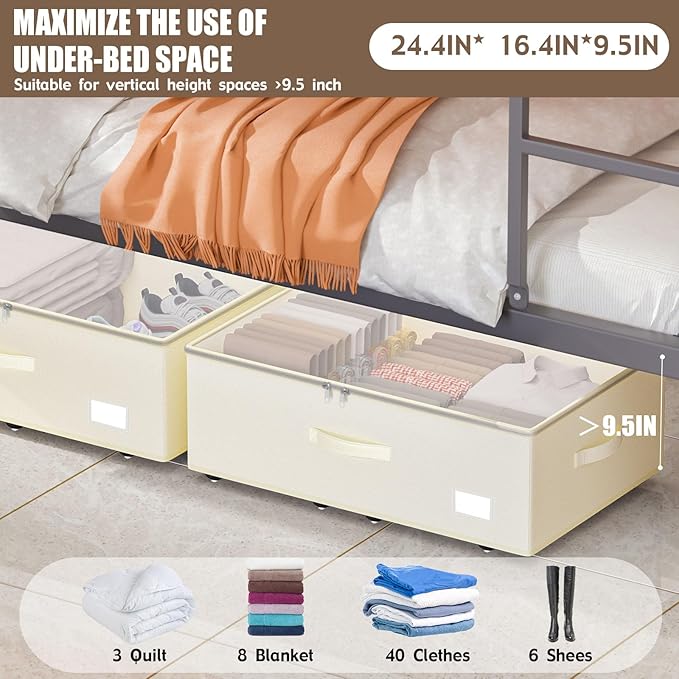 Under Bed Storage with Wheels, No Assemble Required 10 inches height Under Bed Storage bins,Large capacity Rolling Underbed Shoe Storage containers，dorm underbed storage drawers