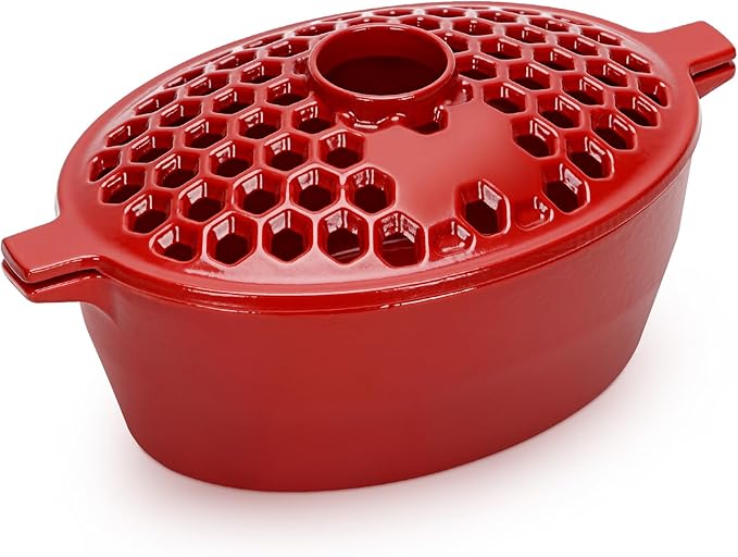 G GOOD GAIN Wood Stove Steamer - Cast Iron Stove Humidifier with Large Opening Top | Oval Bowl Fire Place Pot for Home Heating Decorative | Matte Finish & 2.7 Quart, Red