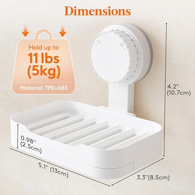 Lifewit Suction Cup Soap Dish for Shower, 1 Pack Drainable Soap Holder for Bathroom Kitchen Wall, NO-Drilling Removable Bar Soap Sponge Rack for Glass Window Strong Vacuum Suction Anti-Drop, White